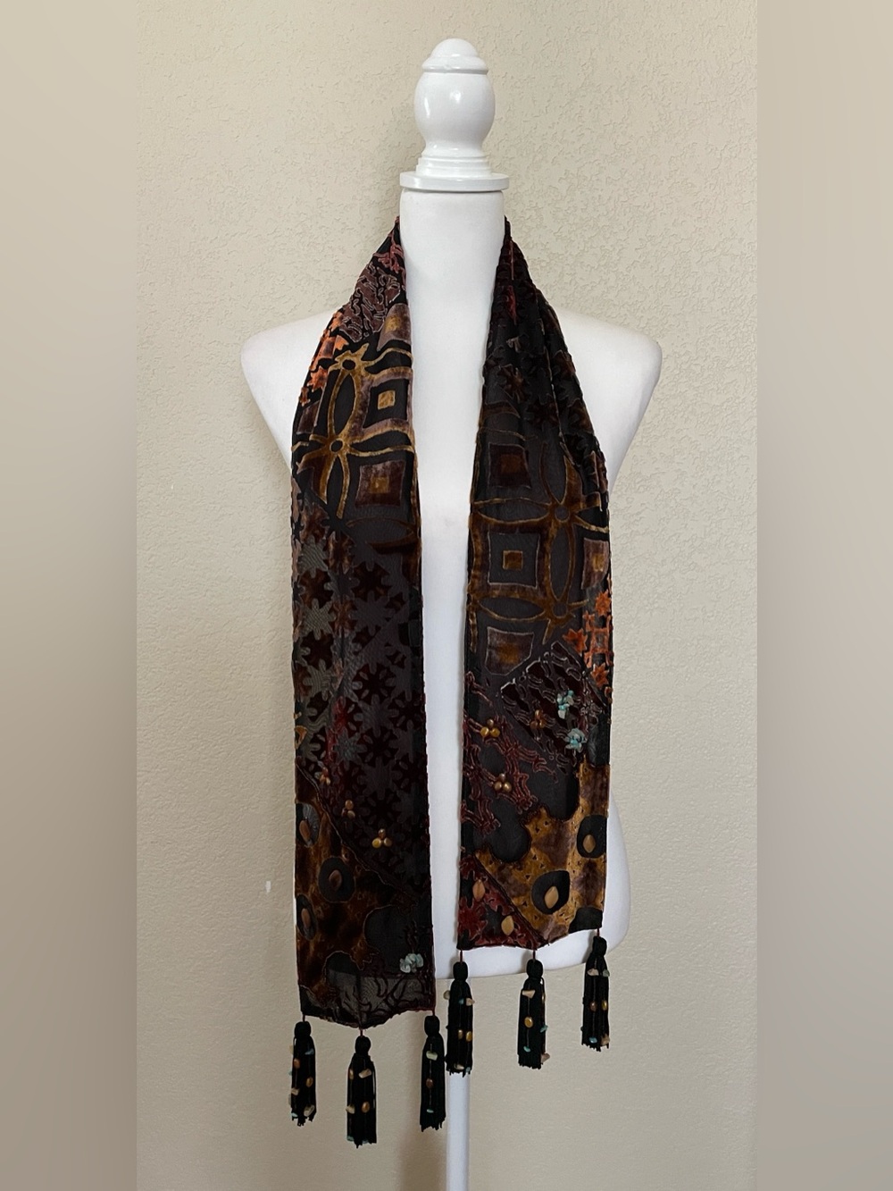NWT Mary Frances 100% Silk Bohemian Velvet Burnout Beaded Tassel Scarf 64” NEW